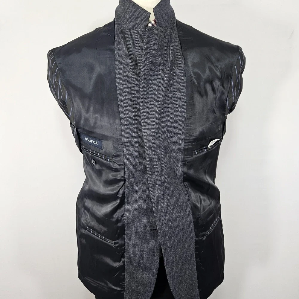Nautica Men's Sport Coat Blazer Two Button Tweed Herringbone Gray Blue Lamb 40S